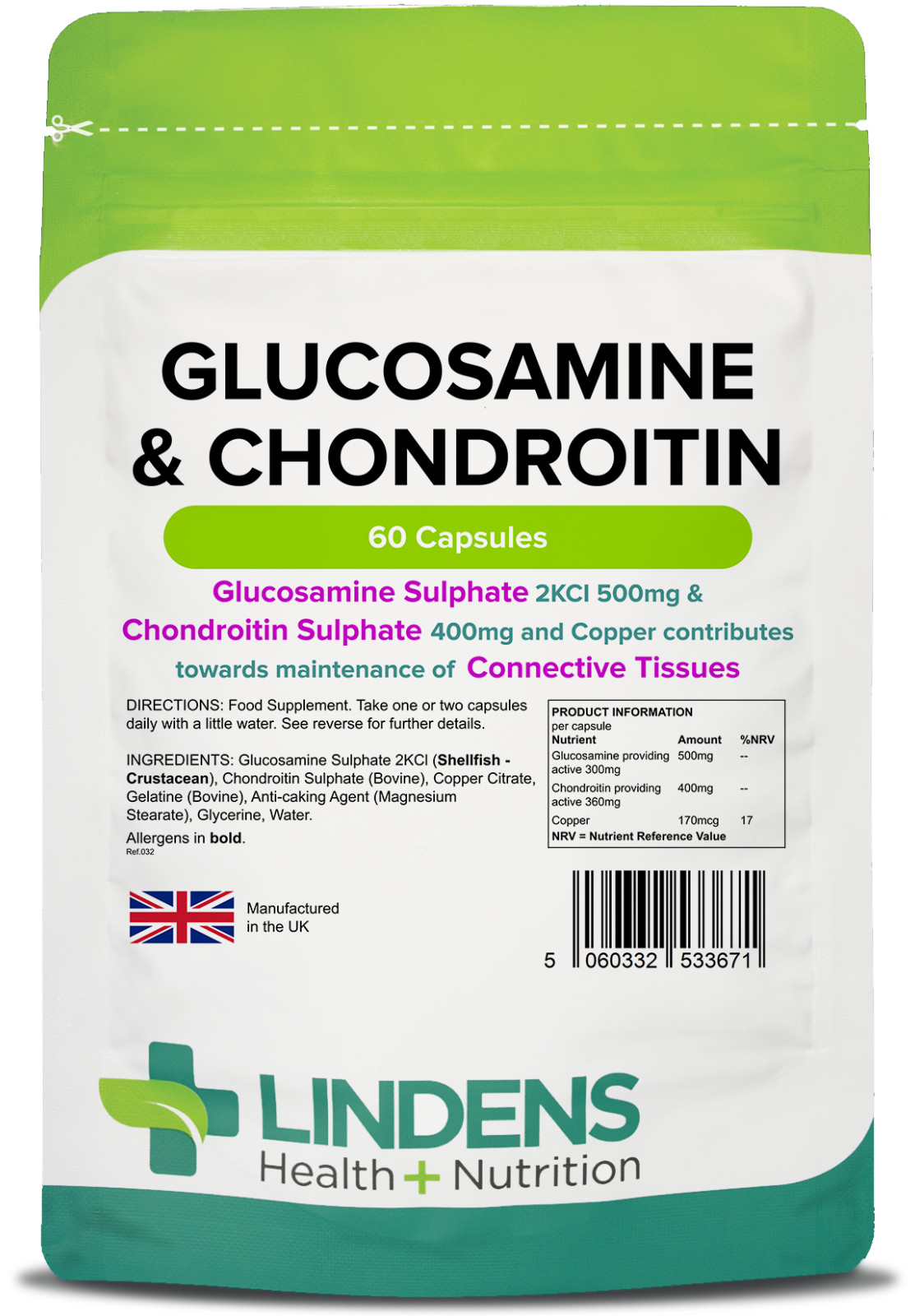 Lindens Glucosamine & Chondroitin + Copper - 60 Pack - UK Made