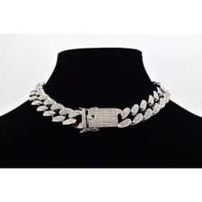 Vintage Y2K Chunky Crystal Chain Choker Necklace Pavé Rhinestone Silver BinBC