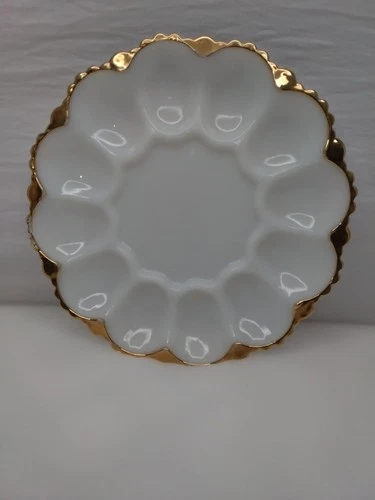 Vintage  Anchor Hocking Fire- King Milk Glass (Deviled Egg Plate With 22k...