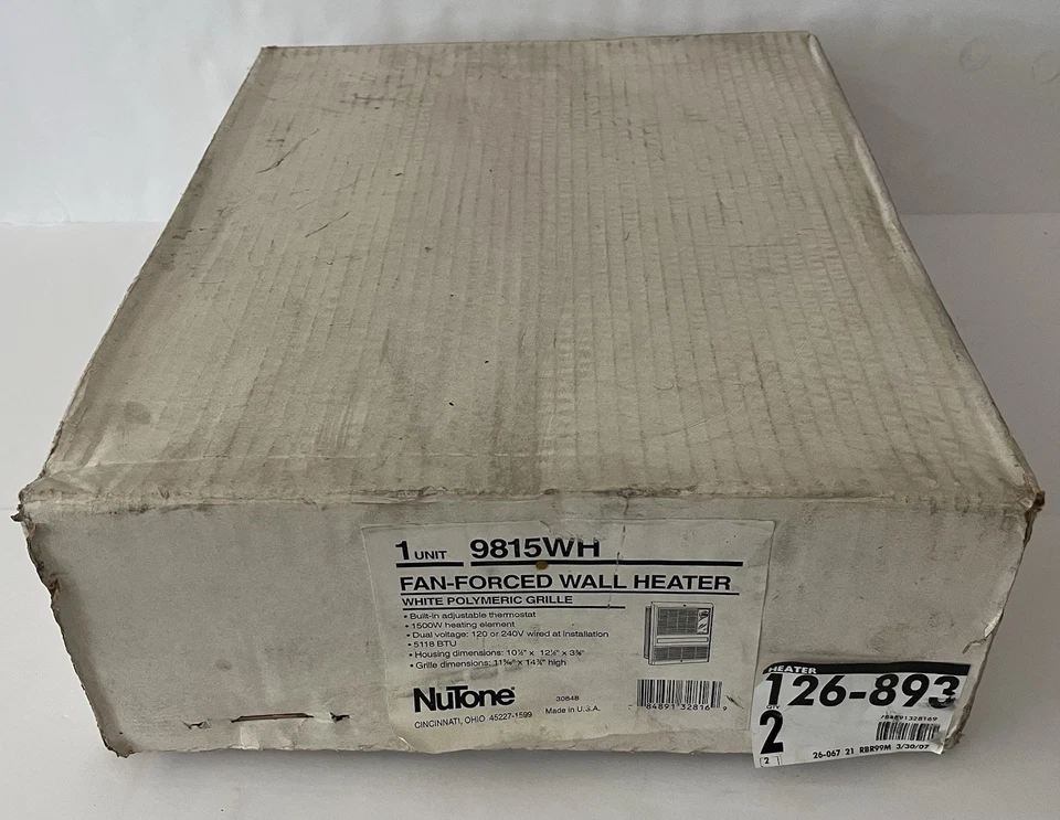 NuTone 9815WH Fan-Forced Wall Heater Built-In Adjustable Thermostat-White Grille - Imagem 3 de 3