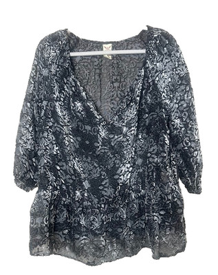 Vtg Faded Glory Size L Velvet Burnout Sheer Top Grey Floral Whimsigoth Fairy