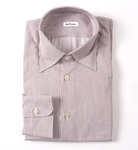 Kiton Napoli Light Brown-White Fine Stripe Dress Shirt 15.75 x 35 (Eu 40) NWT