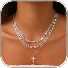 Layered Gold Cross Necklaces for Women, Stack Stackable 14K Gold/Silver Plated C