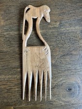 African Hand Carved Light Wooden Hair Pick Comb Tribal Folk Art Monkey Wood