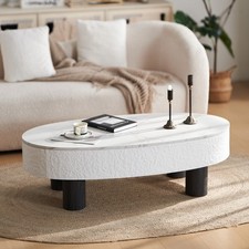 Oval Coffee Table with Faux Marble Tabletop, Hidden Drawer and Storage Space