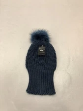 Five Below Hat Beanie Fitted Womens One Size Navy Blue Knit Faux Fur Pom