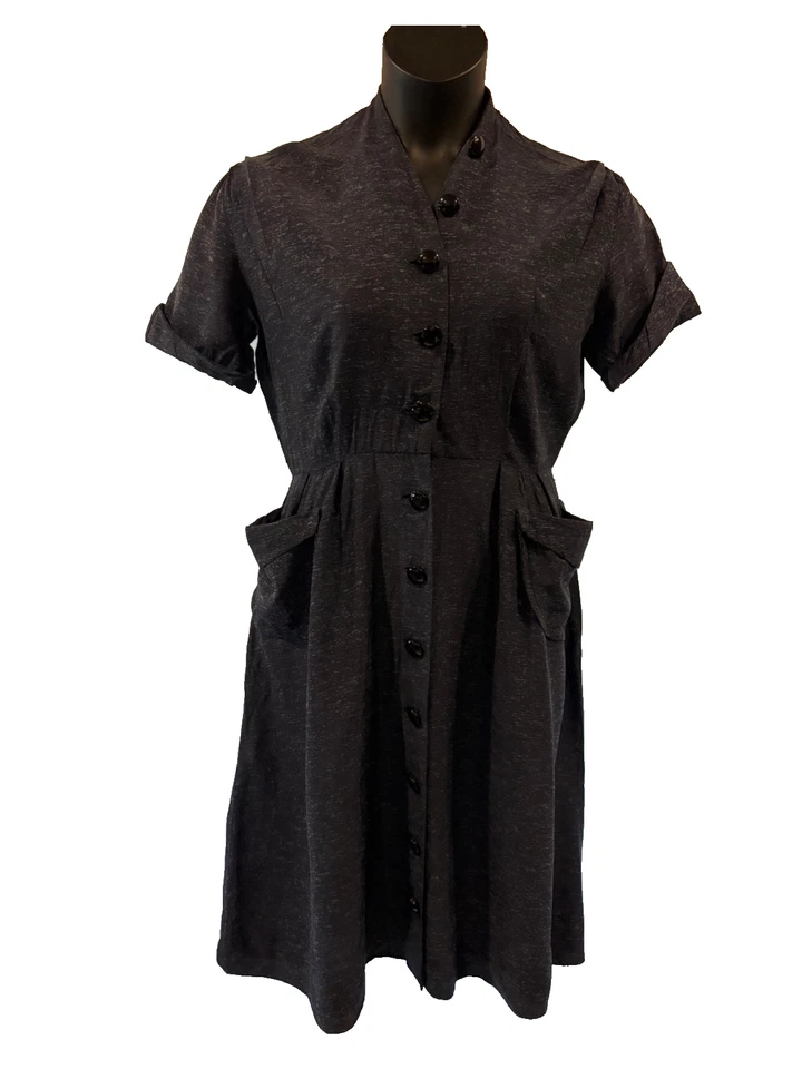 Винтажный 1940-х годов платье темно-синий серый Flecked день платье вырезка рокабилли большой - Изображение 2 из 4