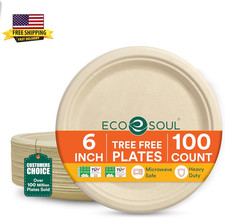 6 Inch Disposable Bagasse Paper Plates 100 Pack, Round