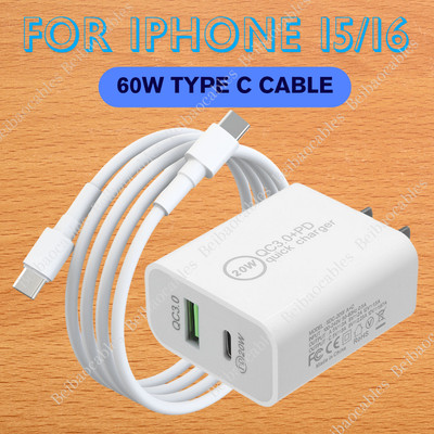20W USB C Fast Charger PD USB C Type C Cable Power Adapter For iPhone 15 16 iPad