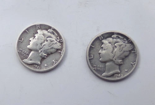 (2)  TWO TOTAL COINS (1) 1941-P  & (1) 1942-P MERCURY DIME VERY GOOD+ 90% SILVER