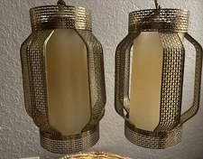 Vtg MCM Hanging Lantern Light Fixtures Brass Gold Filigree Regency Swag Pair