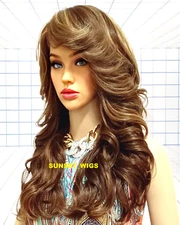 27" FULL WIG LONG WAVY LAYERED SIDE SKIN PART GOLDEN BROWN MIX HEAT OK