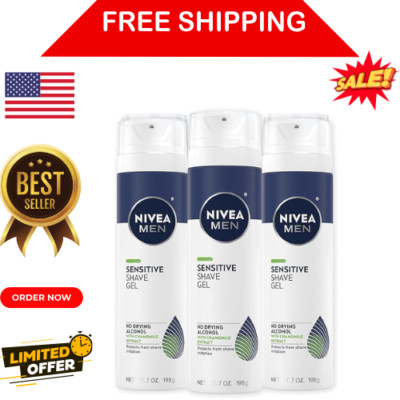 3-Pack NIVEA MEN Sensitive Shave Gel with Vitamin E, Soothing Chamomile 7 Oz