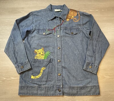 Denim Shirt The Quacker Factory Zoo Animals Jungle Embroidered Womems Sz M/L