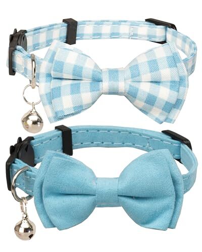 Mini Cat Bandana & Tie Collar Set - 2 Pcs With Bells, Bowtie & Safety Buckle, Adjustable, Blue