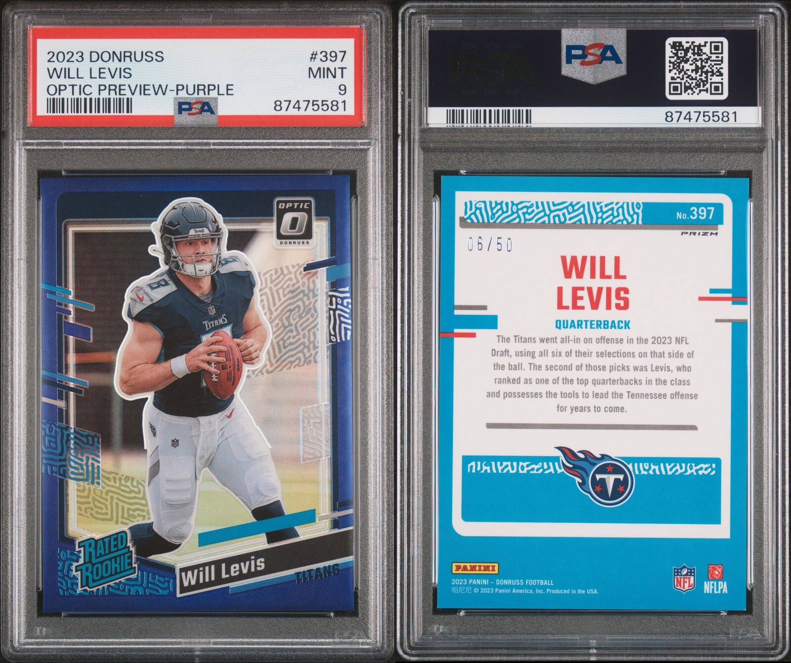 2023 Donruss Will Levis Purple Optic Preview /50 RC  PSA 9