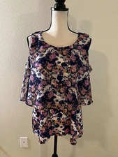 NOTATIONS Women Size L Multicolor Floral Crew Neck Cold Shoulder Blouse