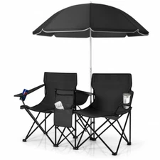 Portable Folding Picnic Double Chair Umbrella Table Cooler Beach Camping Black