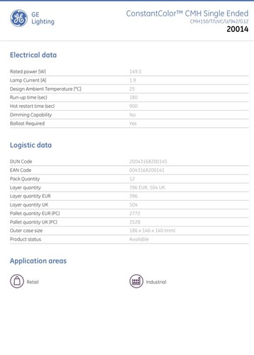 GE - 20014 - 150W Ceramic Metal Halide - CMH150/T/UVC/U/942/G12 - 4200K - Picture 5 of 5