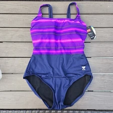 TYR Women  ControlFit Scoop Neck Piece Swimsuit Purple/navy Fitness SZ 12 NEW 