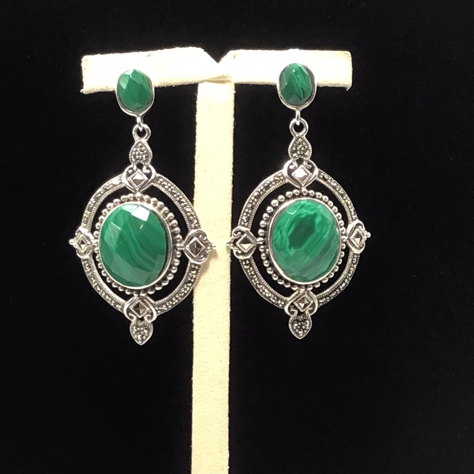 Sterling Silver Large Dangle Malachite Earrings 2” - image 1