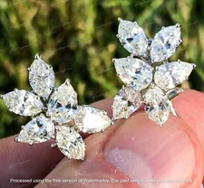 Lab-Created 2Ct Pear Cut Stud Cluster Diamond Earrings 14K White Gold Plated