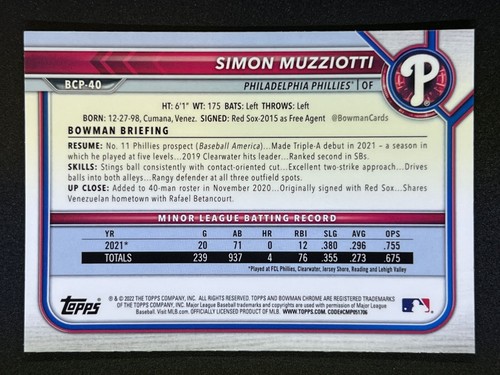 SIMON MUZZIOTTI 2022 Bowman 1st Bowman Chrome BCP-40 Philadelphia Phillies - Picture 2 of 2