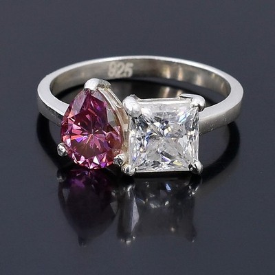 2.30 Ct Princess & Pink Color Pear Diamond Two Stone Ring 14K White Gold Finish