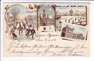 POMERANIA SALUTO LITOGRAFICO INVERNALE DA STOLP STAZIONE FERROVIARIA SLUPSK 1904