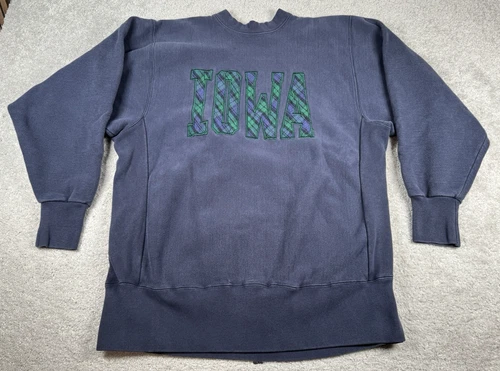 Vtg Iowa PLAID Reverse Weave Sewn Sweatshirt Pullover Crew XL Navy Blue HOLES