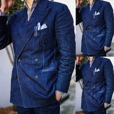 Blue Denim Men's Suits Peak Lapel Double Breasted Formal Wedding Tuxedo 2Pieces