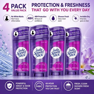4 Pack Lady Speed Stick Invisible Dry Antiperspirant Deodorant Shower Fresh 2.3