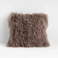 Crate & Barrel Fur Throw Pillow Cover 16" Mongolian Pelliccia Mushroom Brown NEW