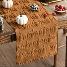 Soft Plush Faux Fur Jacquard Pumpkins Fall Table Runner, Autumn Table Decor