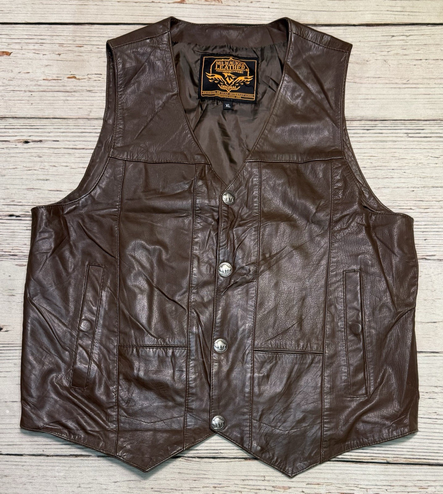 MILWAUKEE Leather Vest Men’s Sz XL Brown Biker Snap Down