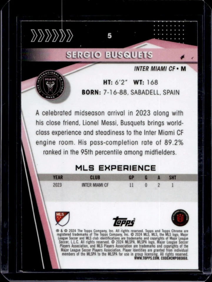 2024 Topps Chrome MLS Sergio Busquets Rose Gold Refractor #16/250 Inter - Image 2 of 2