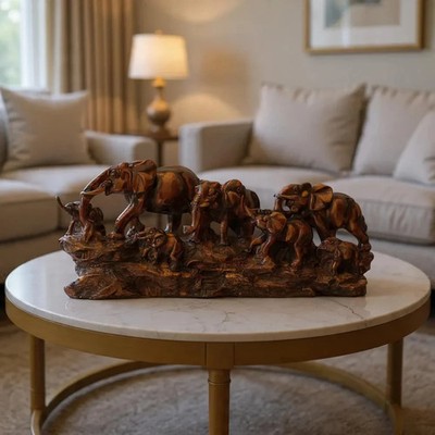 Antique Gold Elephant Herd Sculpture Resin Table Centerpiece Wildlife Lover Gift