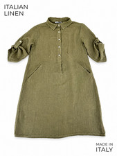 Elena Baldi Linen Shirt Dress Made in Italy Lagenlook Roll Tab Sleeve Pockets
