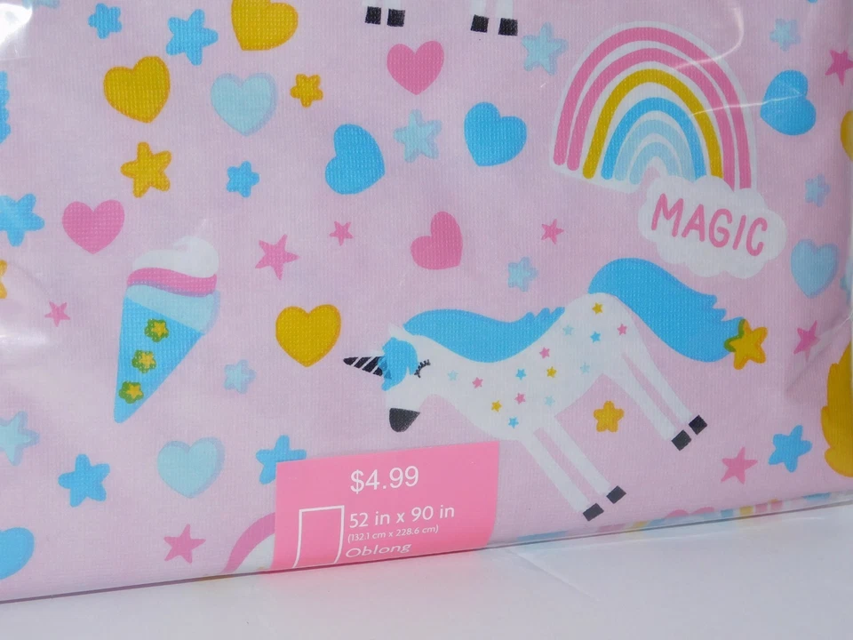 Cubierta de mantel de fiesta unicornio oblonga 52x90 vinilo rosa arco iris corazones mágicos Foto 3 de 4