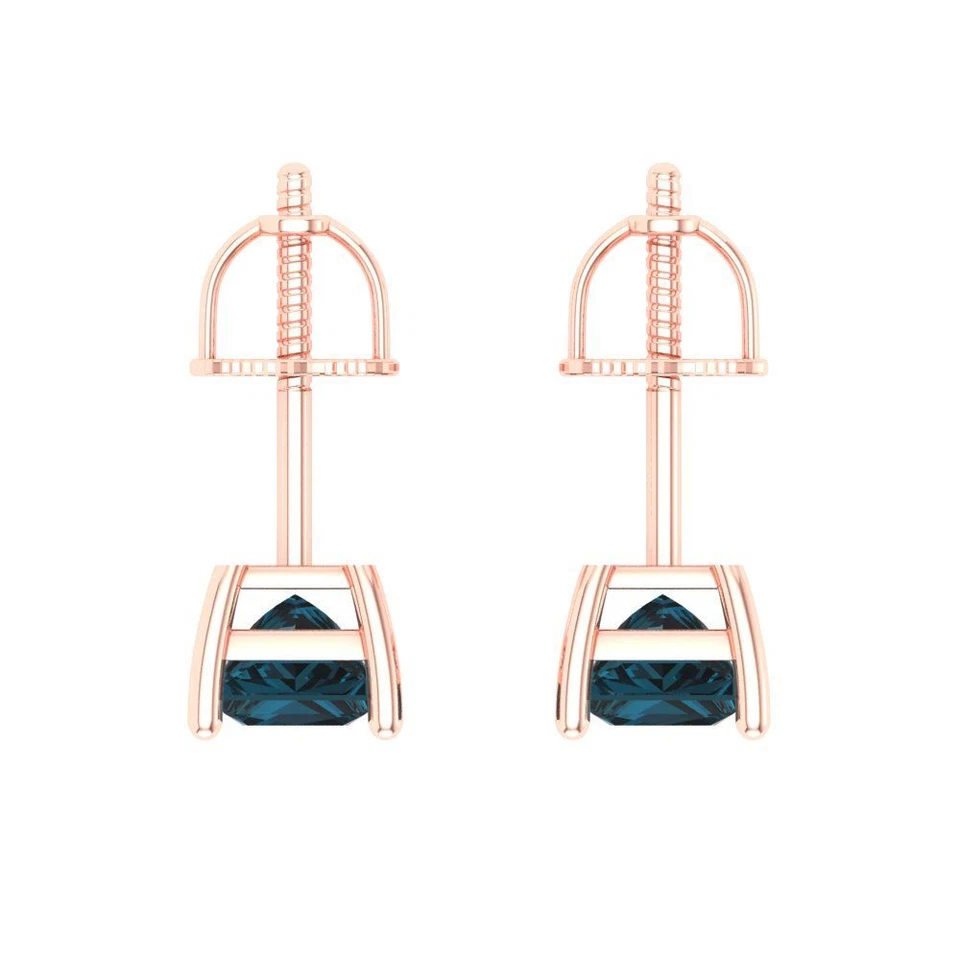 1 ct Princess Cut Solitaire Studs Topaz Gemstone Rose Gold Earrings Screw back - Image 4 of 4