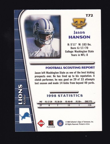 1999 Collectors Edge Triumph Jason Hanson #T72 Detroit Lions - Picture 2 of 2