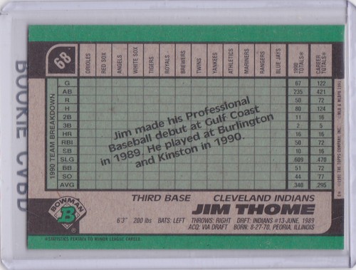 Jim Thome 1991 Bowman INDIANS ROOKIE CARD Cleveland Baseball RC Phillies MLB HOF - Bild 2 von 2