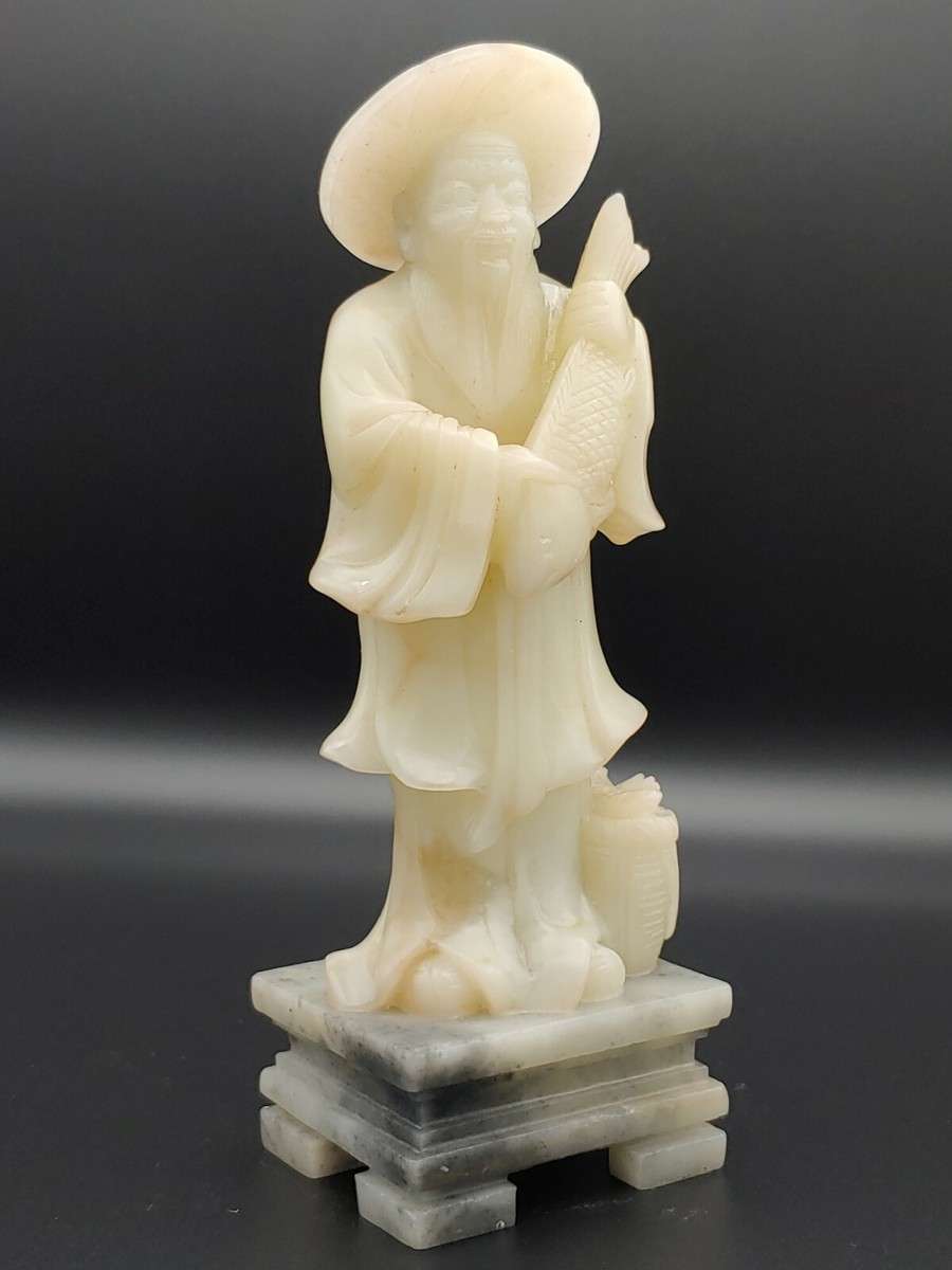 寿山石雕像白芙蓉藕尖白丰收渔翁Chinese Shoushan White Furong Stone