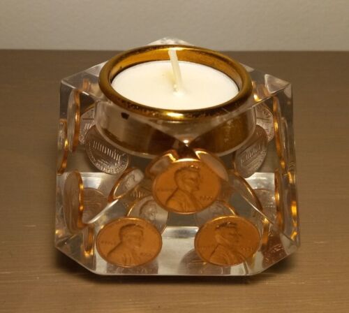 Vintage Lucite Tea Light Candle Holder Copper 1971 Lincoln Memorial Penny - Picture 1 of 9