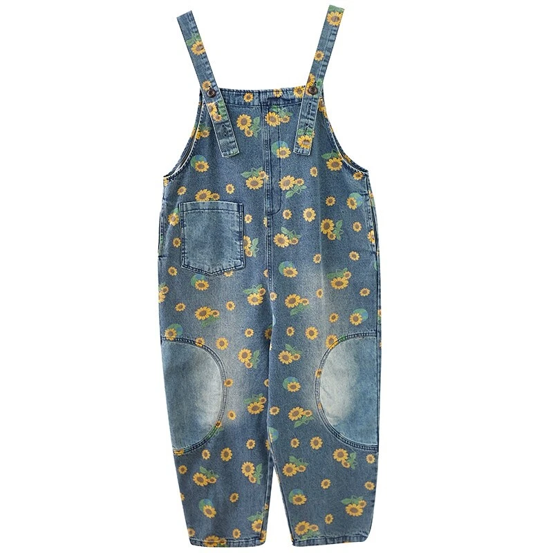 Damen Sonnenblume Bedruckt Denim Latzhose Overall Lätzchen Hose Jeans Freizeit - Bild 3 von 4