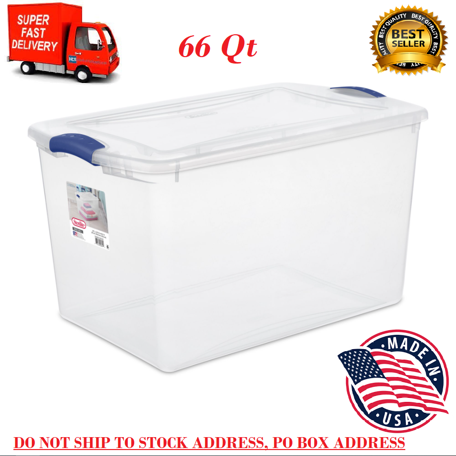 Stackable 66 Quart Plastic Storage Bin with Blue Latches for Home or Office Organization-image