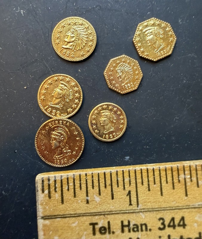6 Vintage Antique Mini Miniature Gold Coin Tokens Eureka California Marked Italy