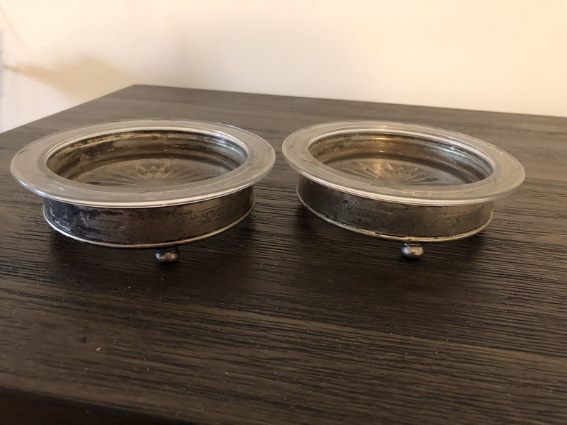 2 Vintage Silver Plated Footed  & Glass Wine Coaster Holder Unmarked