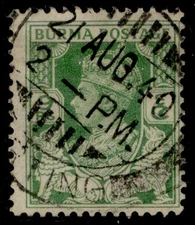 BURMA GVI SG21, 9p yellow-green, FINE USED.
