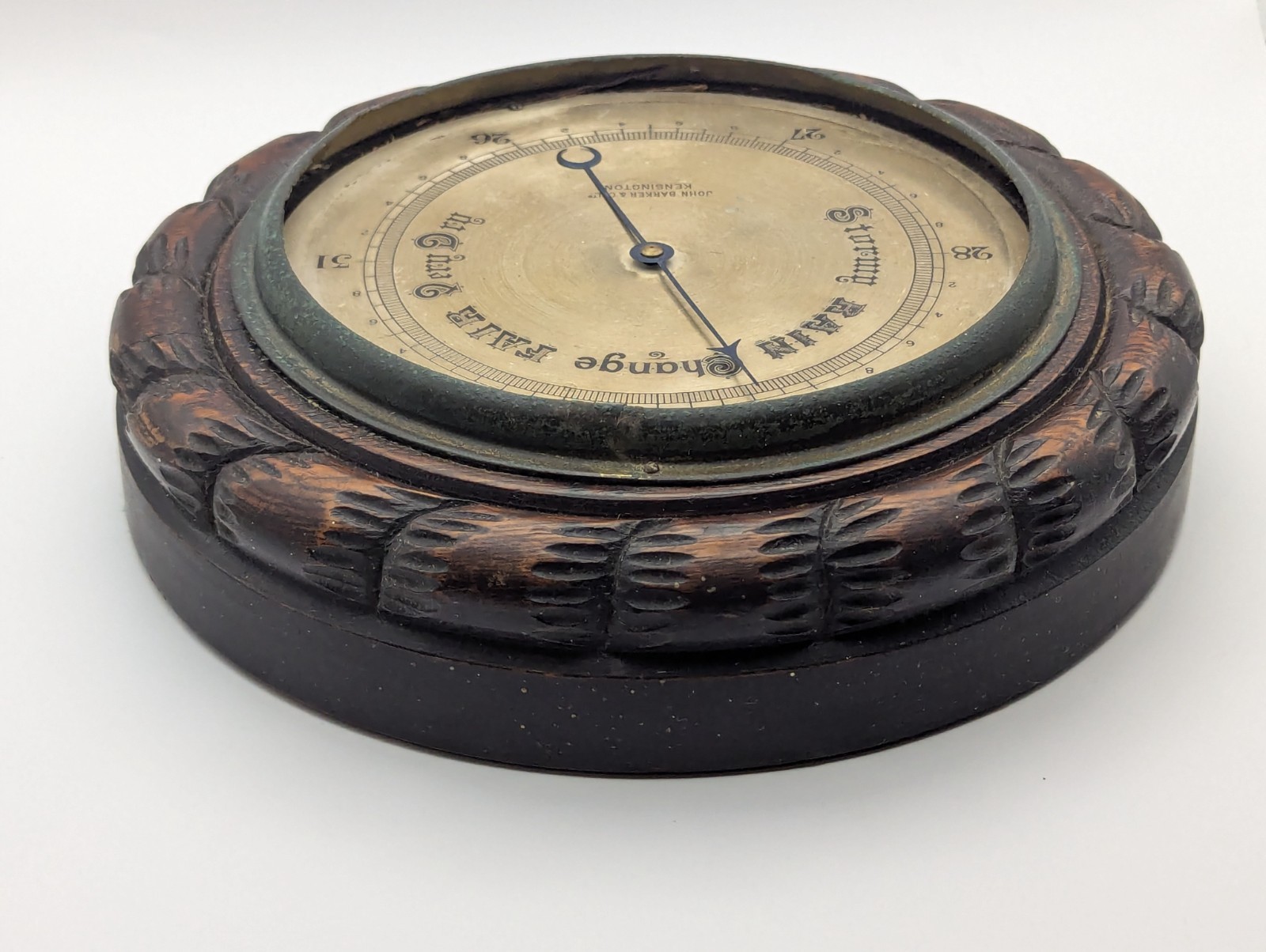 VTG English Aneriod Barometer John Barker & Co Kensington carved oak no glass